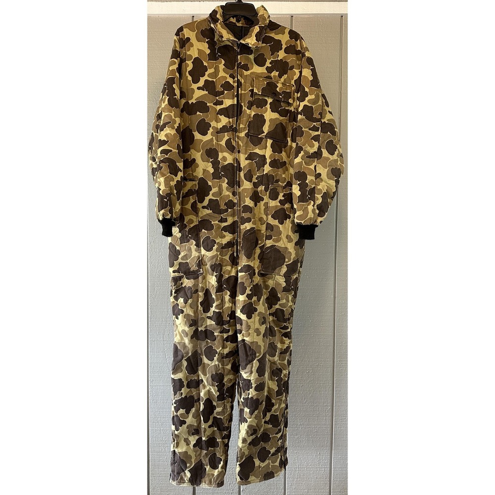 Saf-T-Bak Insulated Hunting Coveralls Mens Large Brown Duck Camo USA 80s Vintage